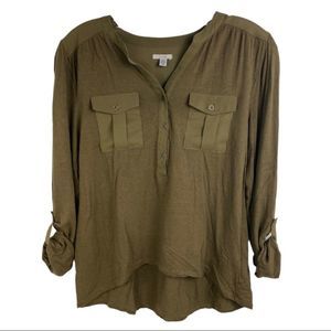 Ecote Women’s Green Henley Linen Blend Roll-tab Sleeve Top XS